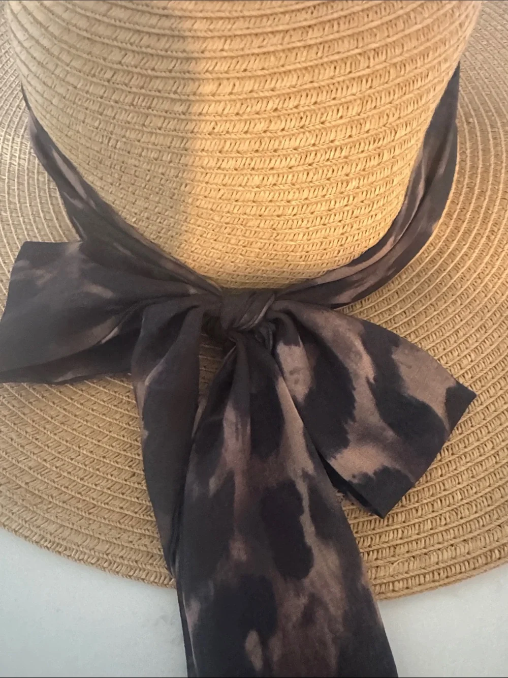 Haute Hippie Tan Straw Sun Hat with Brown Scarf Tie